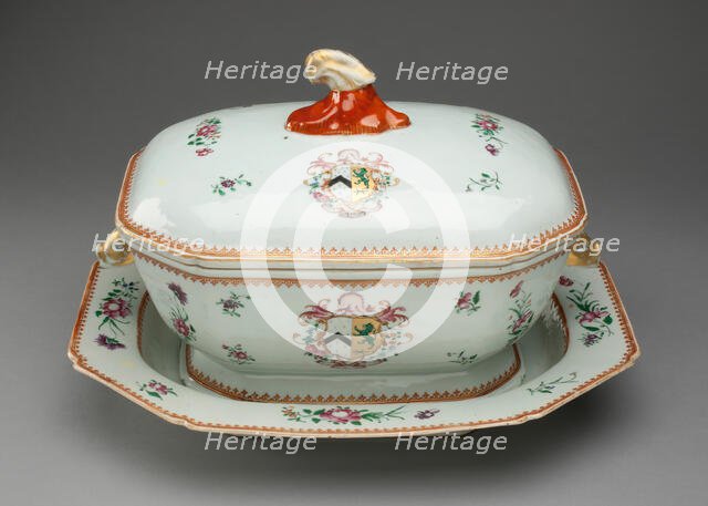 Covered Tureen and Stand with the Arms of French Impaling Sutton, China, c. 1765. Creator: Jingdezhen Porcelain.