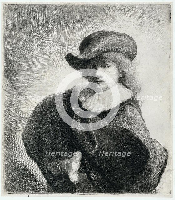 Self-portrait in a soft hat and embroidered cloak, 1631. Creator: Rembrandt van Rhijn (1606-1669).