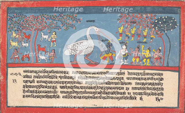 Krishna Slays Bakasura, the Crane Demon..., from a Dispersed Bhagavata Purana..., 1800-1825. Creator: Unknown.