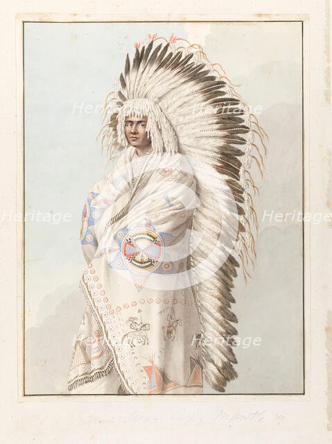 Native North American costume: a man wearing a decorated robe and a feather headdress, (1855?). Creator: Thomas Bateman.