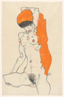 Standing Nude with Orange Drapery, 1914. Creator: Schiele, Egon (1890-1918).