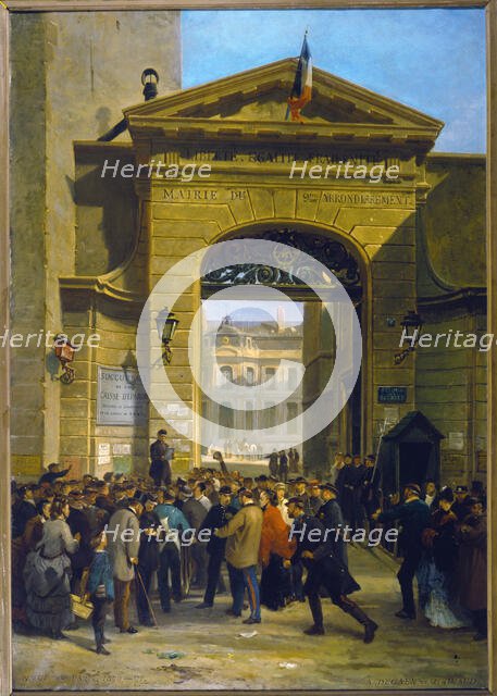 Reading a dispatch at the Town Hall in the 9th arrondissement, 6, rue Drouot (Jan 19, 1871)
, 1871. Creators: Alfred Decaen, Jacques Guiaud.