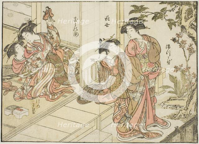 Courtesans of Maruebiya, from the book "Mirror of Beautiful Women of the Pleasure Quarters..., 1776. Creator: Shunsho.