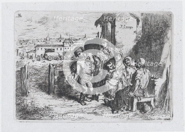 Plate 16: a group of people outdoors, including a man pouring wine or water from a vessel ..., 1850. Creator: Francisco Lameyer Berenguer.