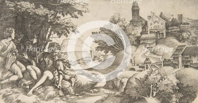 At left four shepherds with musical instruments seated under a group of trees..., ca. 1517. Creators: Giulio Campagnola, Domenico Campagnola.