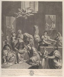 The birth of the Virgin; woman seated with an infant in her lap, numerous women surroundin..., 1677. Creator: Etienne Picart.