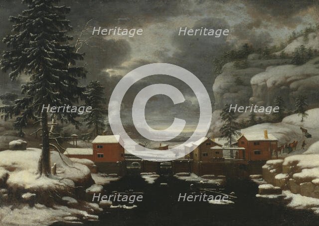 Winter landscape with pale red dam buildings, 1677. Creator: T Filoque.