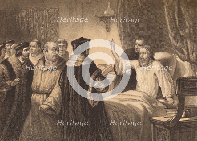 'Wycliffe on his Sick-Bed Assailed by the Friars', 1886. Artist: Herbert K Bourne.