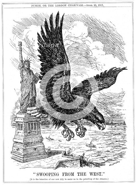 American eagle swooping to guard the Atlantic, 1917. Artist: Unknown