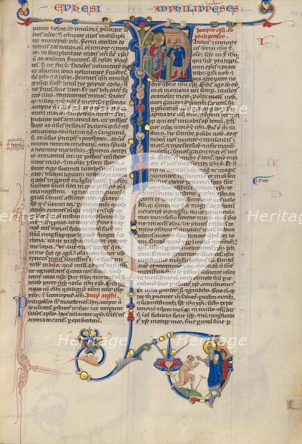 Initial P: Saints Paul and Barnabas with a Disabled Person at Lystra; Abbey Bible, about 1250-1262. Creator: Unknown.