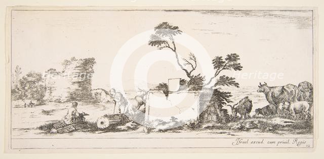 Plate 12: a seated draughtsman to left, a standing shepherd next to him to right, ruin..., ca. 1641. Creator: Stefano della Bella.