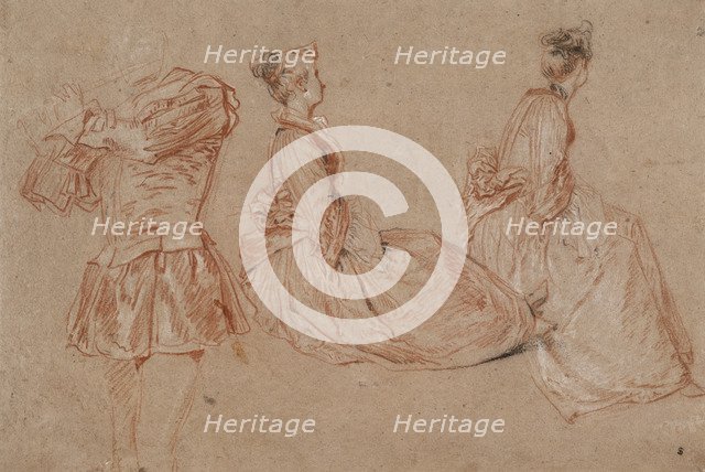 Studies of a flute-player and two women, 1717. Artist: Jean-Antoine Watteau