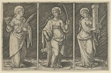 Saint Barbara (left), Saint Catherine, (center), Saint Lucy (right), ca. 1500-1527., ca. 1500-1527. Creator: Marcantonio Raimondi.