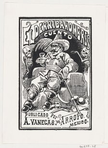 A man with weapons and a pipe in his mouth flanked by two skeletons, illustration..., ca. 1880-1910. Creator: José Guadalupe Posada.