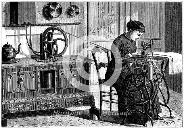 Domestic sewing machine powered by steam, 1883. Artist: Anon