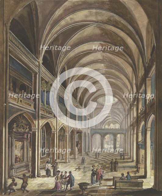 View of a church interior with Baroque furnishings, many figures as staffage, c1773. Creator: Christian Stocklin.