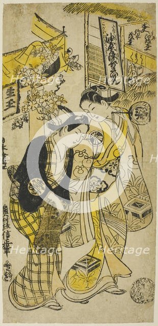 The Actors Segawa Kikunojo I as Osome and Sodesaki Kikutaro as Hisamatsu in the play "Osom..., 1731. Creator: Okumura Masanobu.