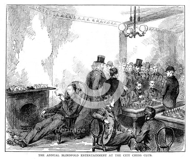 The annual blindfold entertainment at the city chess club, 1876. Artist: Unknown