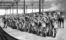 The Volunteer Review: departure of the Artists Corps from Victoria Railway Station, 1881.  Creator: Unknown.