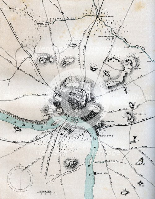 A map of Richmond and its vicinity showing all batteries, 1862-1867.Artist: W Kemble