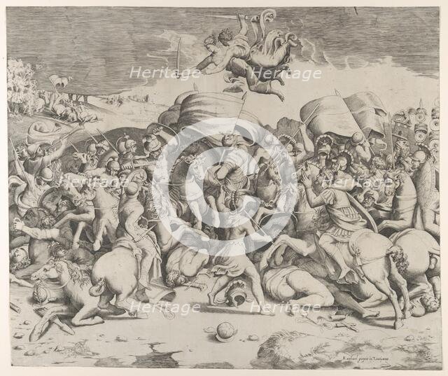 Constantine defeating the tyrant Maxentius, angels carrying swords fly above, 1544., 1544. Creator: Giulio Bonasone.