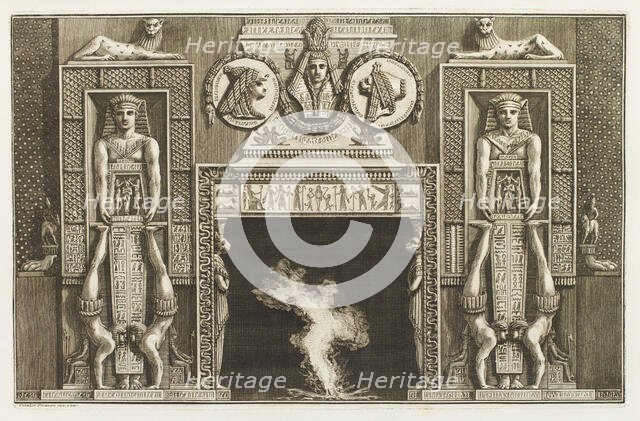 Design for a chimneypiece with Egyptian figures, acrobats, hieroglyphs and medals over the..., 1769. Creator: Giovanni Battista Piranesi.