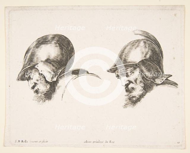 Plate 10: two heads of old soldiers wearing helmets, both facing left and looking down..., ca. 1641. Creator: Stefano della Bella.