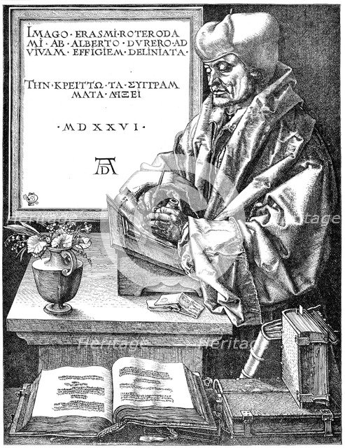 Desiderus Erasmus using writing slope (1465-1536), Dutch humanist and scholar. Artist: Unknown