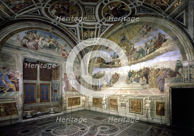 Stanza della Segnatura in the Vatican, view of the frescoes 'The dispute of the Sacrament' and 'J…