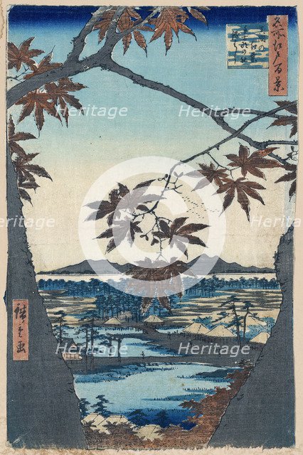 Maple Leaves and the Tekona Shrine and Bridge at Mama, 1856-1858.  Creator: Hiroshige, Utagawa (1797-1858).