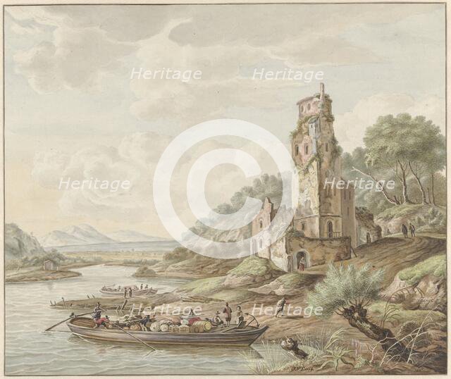 Landscape with loaded barge near a castle, 1776. Creator: Jan van Lockhorst.