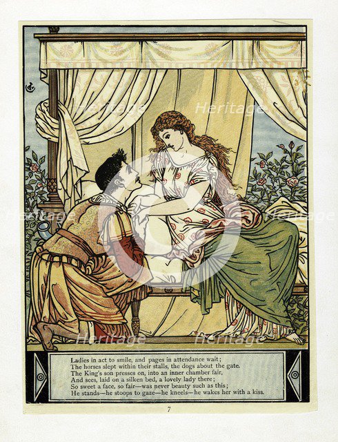 The Prince wakes Beauty, from The Blue Beard Picture Book, pub. 1879 (colour lithograph), 1879. Creator: Walter Crane (1845 - 1915).