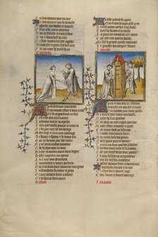 Courtesy with a Knight; Idleness Opening the Door for the Lover; Roman de la Rose, about 1405. Creator: Unknown.