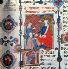  'The Collector (Pere Albert) featuring the codex to the prince', Miniature in the 'Usatges de Ba…