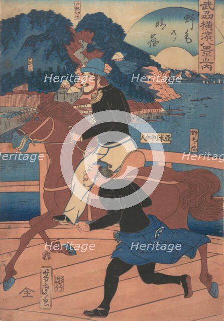 Returning Sails at Nogei [American couple riding over the Nogei Bridge], 1st month, 1861. Creator: Utagawa Yoshitora.