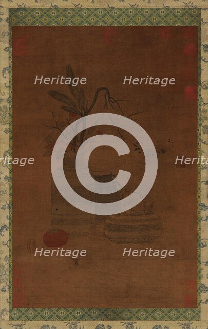 Tapestry: a bowl, two jars, flowers, and fruit, Possibly Ming dynasty, 1368-1644. Creator: Unknown.