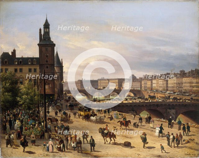 Le marché aux fleurs, la Tour de l'Horloge, le Pont au Change et le Pont-Neuf, 1832. Creator: Canella, Giuseppe, the Elder (1788-1847).