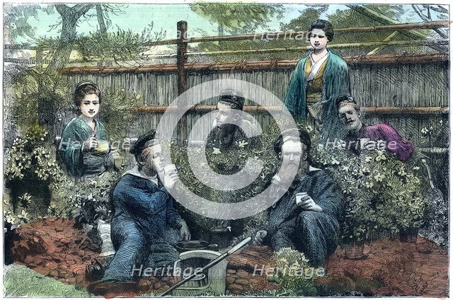 Sailors of HMS 'Challenger' having tea at a tea house near Yokohama, Japan, 1888. Artist: Unknown