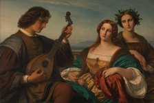 Minstrel and two listening Ladies, 1849. Creator: Carl Ferdinand Sohn.