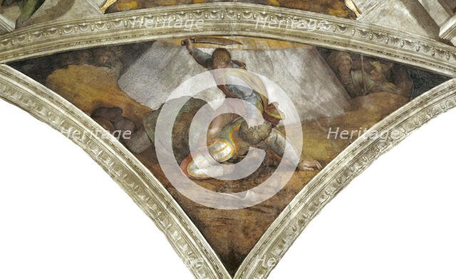 David and Goliath (Sistine Chapel ceiling in the Vatican), 1508-1512. Creator: Buonarroti, Michelangelo (1475-1564).