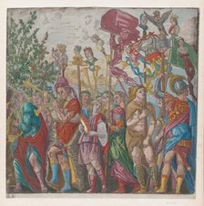 Sheet 8: procession of Musicians and others holding standards, from The Triumph of..., 1599. Creator: Andreani, Andrea (c. 1540-after 1610).