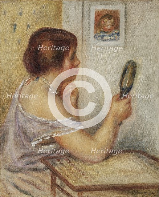 Marie Dupuis tenant un miroir avec un portrait de Coco. Artist: Renoir, Pierre Auguste (1841-1919)