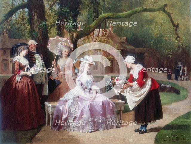 Empress Eugenie presented with bouquet by peasant girl. Artist: J Carand