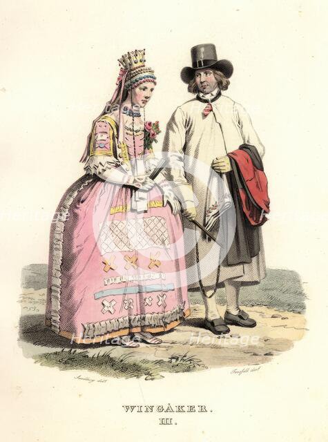 Man and woman in wedding clothes from Vingåker, Södermanland, "Sandberg / Forssell". Creator: Unknown.