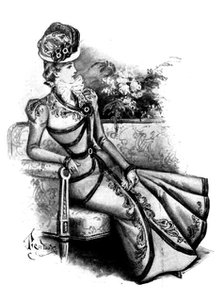 Ladies' Page: costume of green cloth piped with black satin, 1898. Creator: Picador.