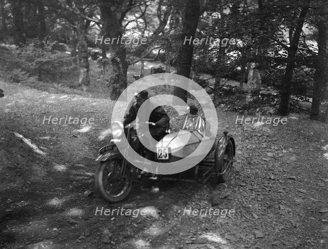 Harley-Davidson and sidecar, B&HMC Brighton-Beer Trial, Fingle Bridge Hill, Devon, 1934. Artist: Bill Brunell.
