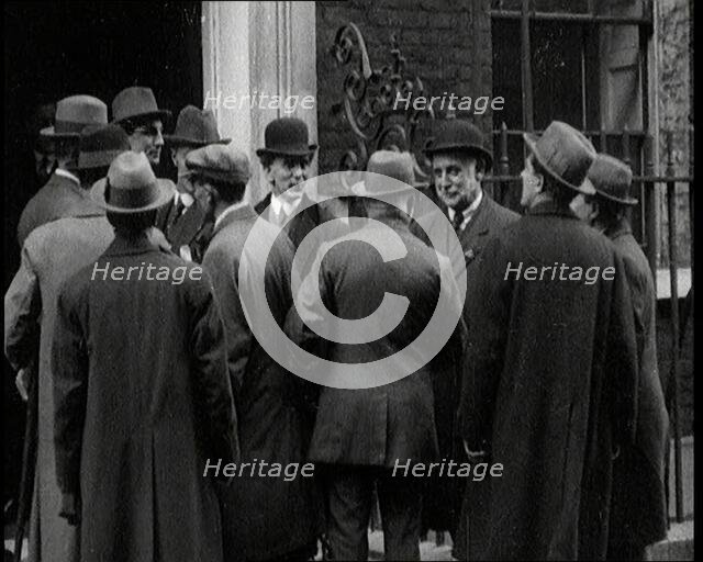 George Lansbury and Other Union Leaders Standing Outside Number 10 Downing Street in London, 1920. Creator: British Pathe Ltd.