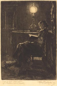 Liseuse à la Lampe (Woman Reading by Lamplight), 1879. Creator: Felix Hilaire Buhot.
