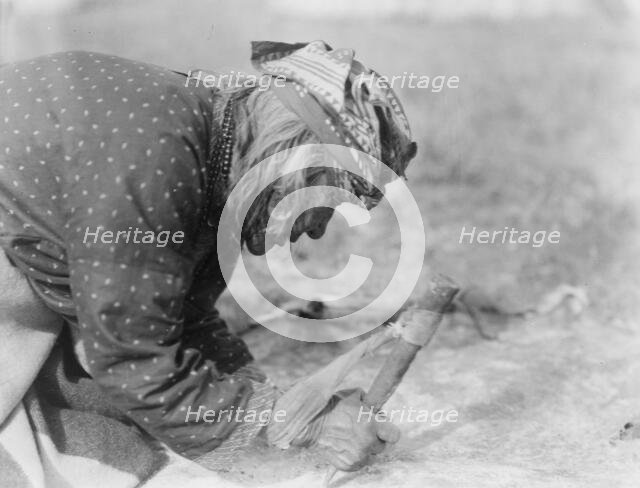 Blackfoot Indian fleshing a hide, c1927. Creator: Edward Sheriff Curtis.