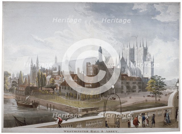 View of Westminster Hall and Abbey, from Westminster Bridge, London, 1819.                           Artist: Daniel Havell